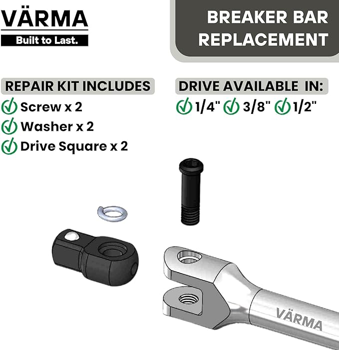 1/4" Breaker Bar Replacement Head Kit (2 PACK) – Advanced Washer-Tension Drive Head – Stays at Any Angle, No Flopping – CR-MO Breaker Bar Maintenance Pack with Drive Squares & Screws