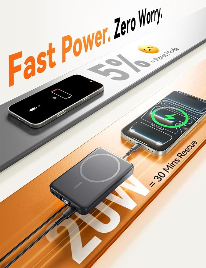 Aobbow Magnetic Portable Charger, 10000mAh for Magsafe Battery Pack, 20W Fast Charging Power Bank, Travel Essential of Wireless Charger Compatible with iPhone 17/16/15/14/13 Pro/Max/Air/Plus-SpaceGray