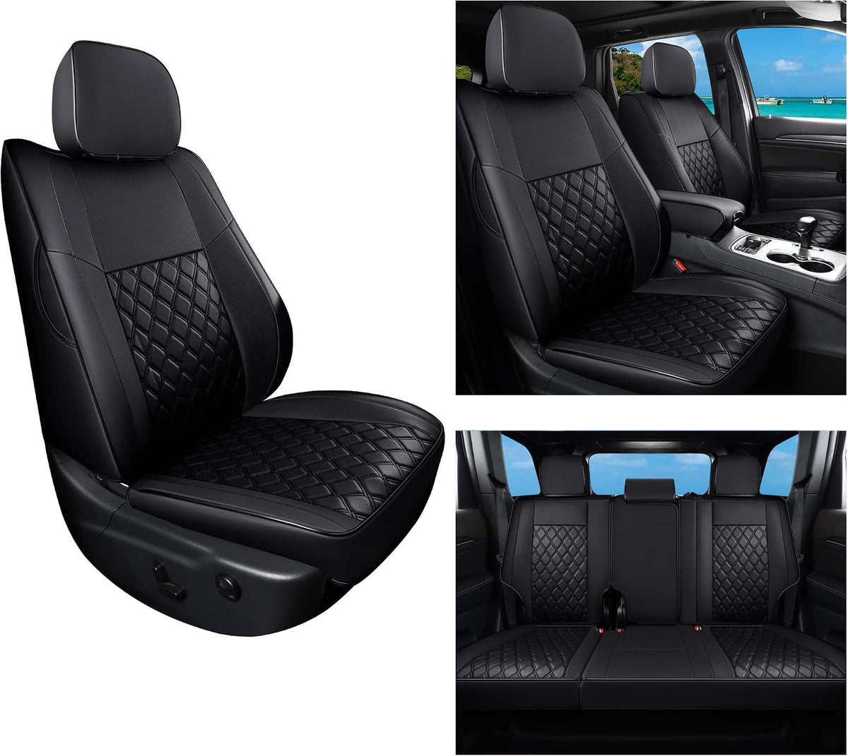 Huidasource Upgrade Jeep Grand Cherokee Seat Covers, Full Coverage Waterproof Leather Car Seat Covers, Custom Seat Cushion Protector Fit for Jeep Grand Cherokee 2011-2021 (Full Set/Black)