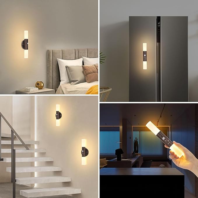 LED Motion Sensor Lights Battery Operated Wall Sconces Set of 2 Rechargeable Wireless Picture Art Light Magnetic 360° Rotation Corner Lamps for Gallery Stairway Vanity Living Room Bedroom