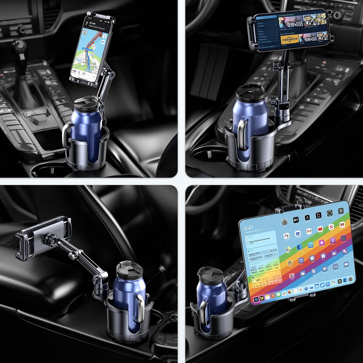 Cup Holder Phone Tablet Mount, 2 in 1 iPad Car Cup Holder with Expander Adjustable Arm for 4.7-10 inches Phone Tablet Mount Compatible for iPad Pro Air Mini, Fire,iPhone 17,Galaxy Phones