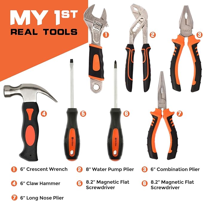 INCLY 95 PCS Kids Real Tool Set, Boys Small Real Hand Tools Kit, Children Construction Learning Tools Hammer Screwdriver for Home DIY Building and Woodworking,Come with Tool Belt & Bag