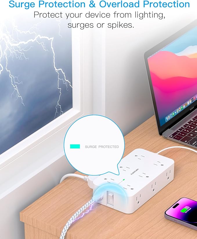 Power Strip Surge Protector, HANYCONY 12 Multiple Outlets 4 USB Ports (2 USB C), 5Ft Braided Extension Cord Flat Plug, Overload Surge Protection, Desk for Office Home College Dorm Room Essentials