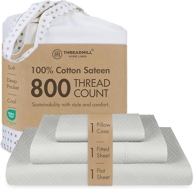 Threadmill Twin Sheets for Twin Mattress | 800 Thread Count Jacquard Celine Light Grey Sheet | 100% Cotton 3 Piece Bed Sheets | Extra Long Staple Cotton | Cotton Sheets with Elasticized Deep Pocket