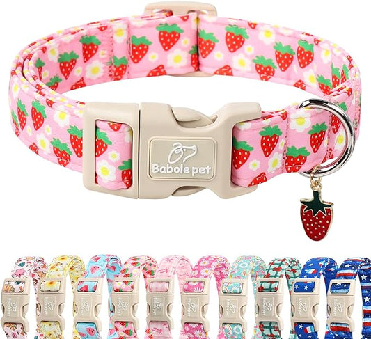 Cute Spring/Summer Dog Collar, Adjustable Pink Strawberry Dog Collars for Puppy Small Dogs, Lightweight Quick-Release Buckle Collar for Boy&Girl Dogs XS