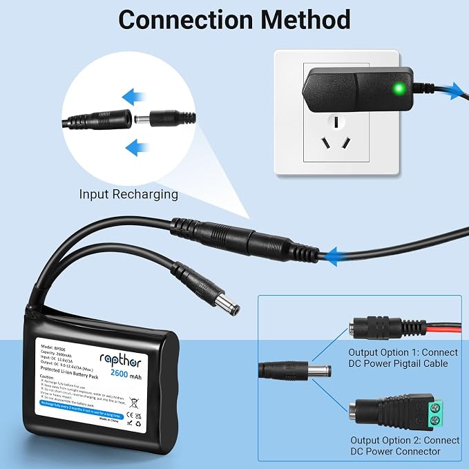 rapthor Rechargeable 12V 2600mAh Lithium ion Battery Pack with Charger Compatible with 12V Devices, Bike Light, DIY Project, Radio, Fishing Light,LED Light Strip, CCTV Camera