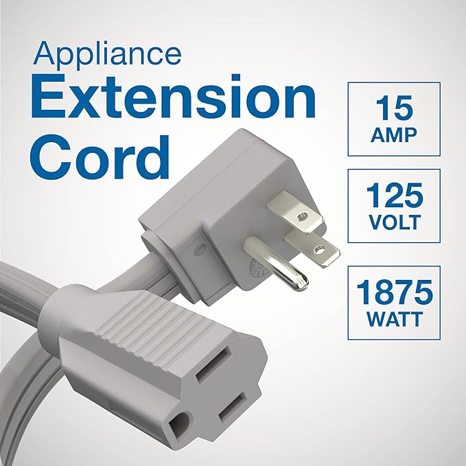 Appliance Extension Cord - 9ft Heavy Duty Gray Extension Wire for Air Conditioner, Refrigerator, & All Major Appliances - 14 Gauge High Voltage 3 Prong Flat-End Appliance Cord, for Indoor use