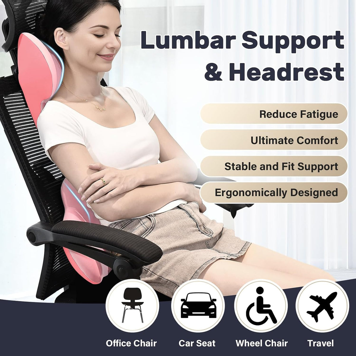 Coverado Lumbar Support and Car Neck Pillow, Ergonomic Memory Foam Desk Chair Cushion and Headrest Pillow for Car Office Chair, Sciatica & Neck & Tailbone Cushion-Pink