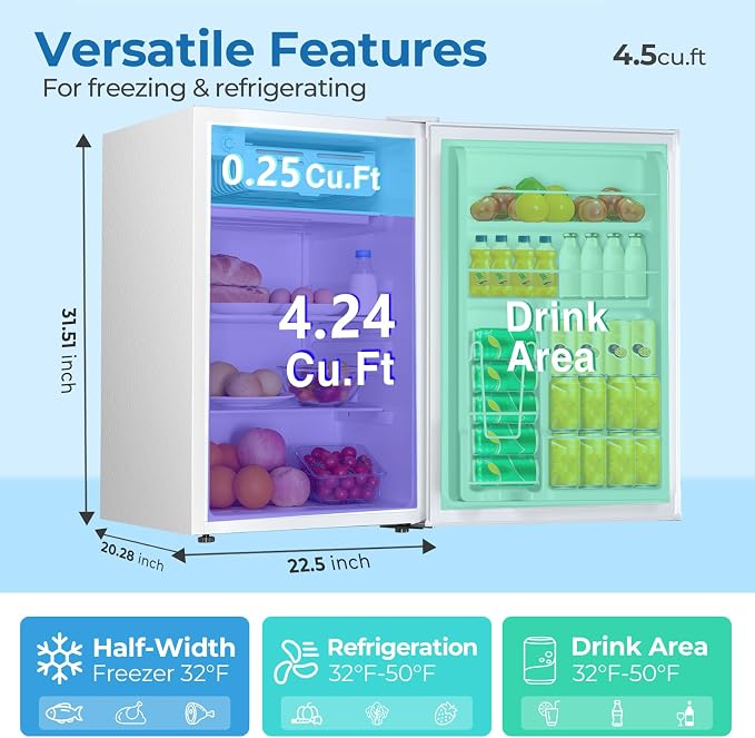 Electactic 4.5 Cu.ft Mini Fridge with Freezer, Compact Refrigerator with Reversible Single Door, Adjustable Thermostat, Low Noise, Energy Efficient for Office, Dorm, Bedroom, Apartment White