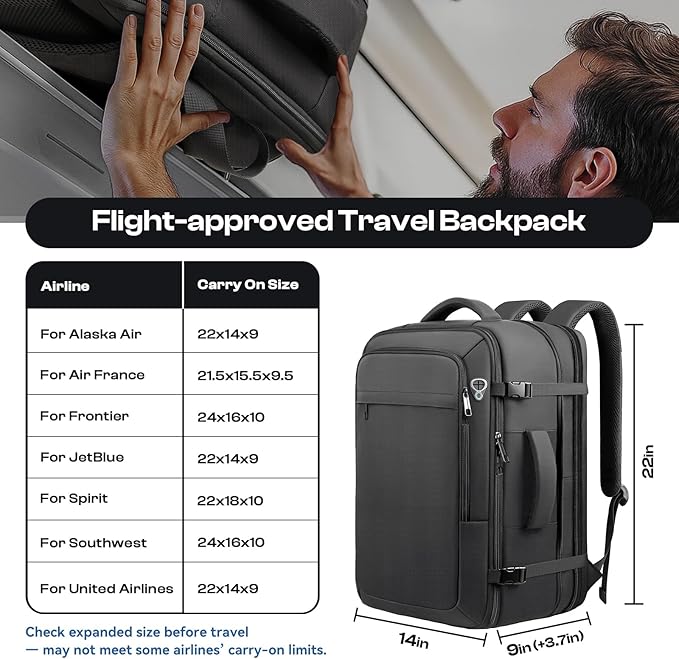 Carry on Backpack, Extra Large 55L Travel Backpack TSA Approved, Expandable