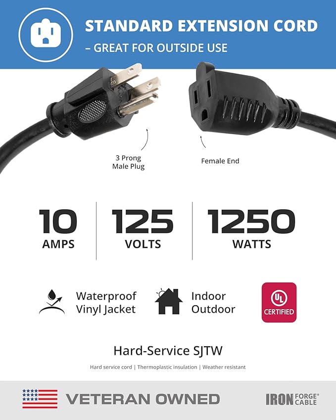 Iron Forge Cable 2 Pack 100 Ft Black Extension Cord, 16/3, 100 Foot Extension Cord, 3 Prong, Weatherproof - Great for Outside Use