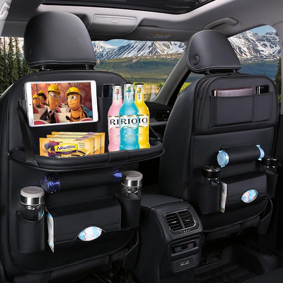 Premium PU Leather Backseat Seat Organizer with Foldable Table, Multi-Storage Pockets and Adjustable Buckle Strap for Automobiles