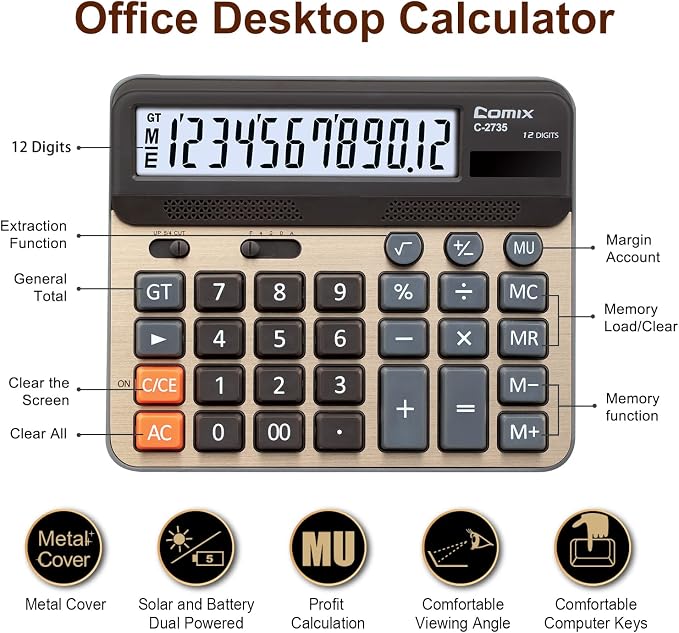 Comix Desktop Calculator, Large Computer Keys, 12 Digits Display, Champaign