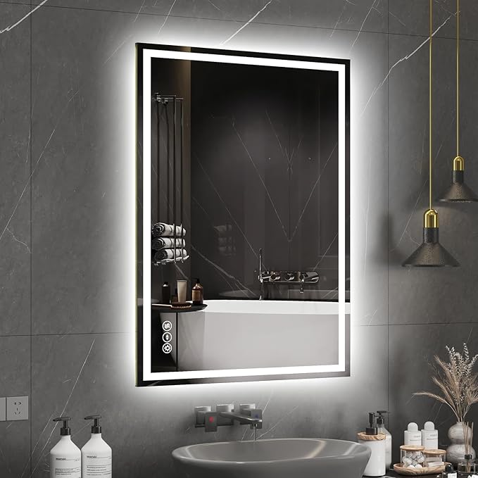 LED Bathroom Mirror 20x28 Inch Anti-Fog Bathroom Mirror with Lights, Wall Mounted Lighted Vanity Mirrors, Dimmable, Backlit + Front Lit, Smart Bathroom Vanity Mirror with 3 Colors Temperature