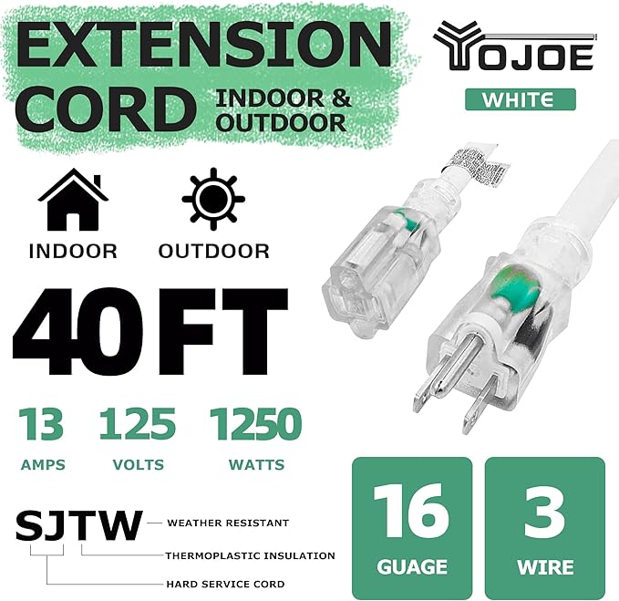 YOJOE Indoor Outdoor Extension Cord with Lighted End, 3 Prong 13A Weatherproof Power Cord, 16 Gauge Heavy Duty 40 ft White Extension Cord for Garage, Garden and Home, 16/3 SJTW UL Listed