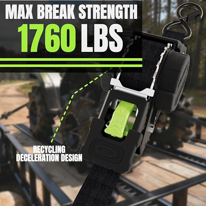 Retractable Ratchet Straps, 4-Pack, 1 Inch x 12 Feet Heavy Duty Tie Downs, 1760lb Break Strength, Self Retracting for Truck, Cargo, Trailer, Motorcycle, ATV, UTV (Black-Green, 4pack)