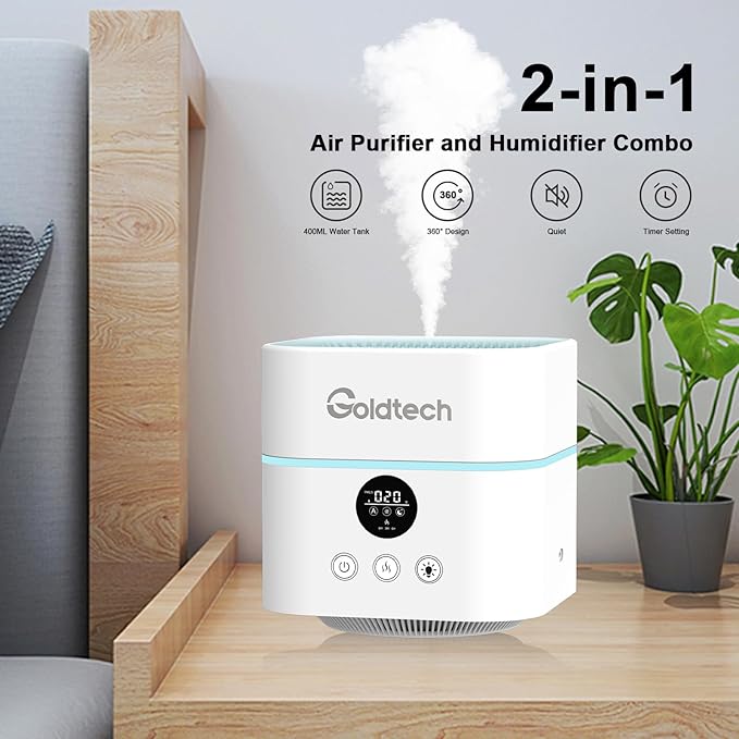 Air Purifier and Humidifier Combo for Bedroom Up to 200Ft²,H13 True HEPA Filter Desk Air Purifiers with Smart WiFi,500ML Water Tank,LED Light,Small Air Purifier for Bedroom,Office