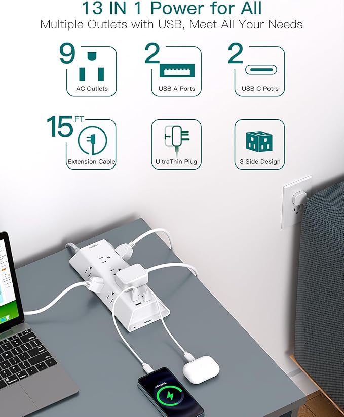 Surge Protector Power Strip 15 ft, Addtam Flat Plug Extension Cord with 4 USB Wall Charger(2 USB C Port), 9 Widely Outlets Desk Charging Station, Home Office and College Dorm Room Essentials