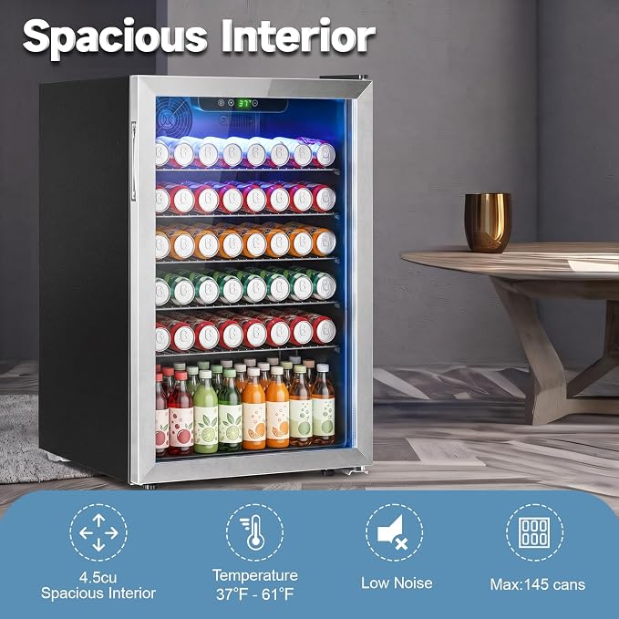 Erivess Mini Fridge 145Can Beverage Refrigerator Cooler Glass Door for Soda | 130L Drink Fridge for Home/Bar/Office with LED Display, Digital Temperature Control, Removable Shelves for Beer, Wine, Silver