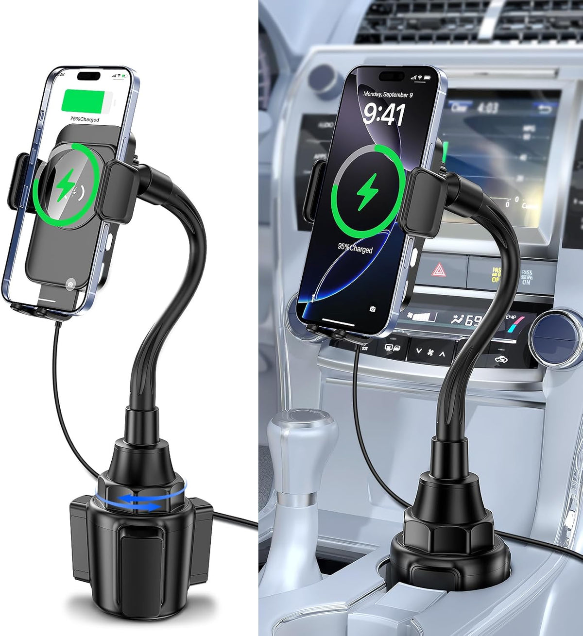 Cup Holder Phone Holder, 15W Wireless Car Charger Holder Fast Charging