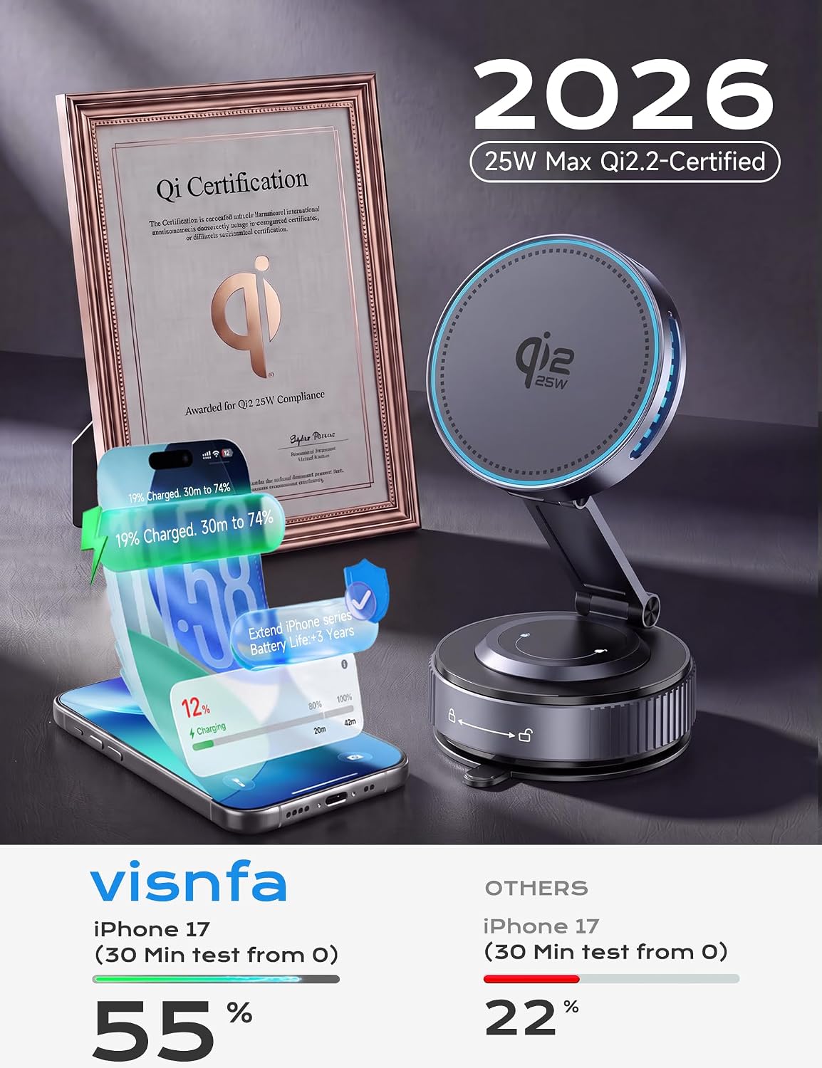 Qi2.2 25W MagSafe Car Mount Charger, Temp-Control Cooling Fan