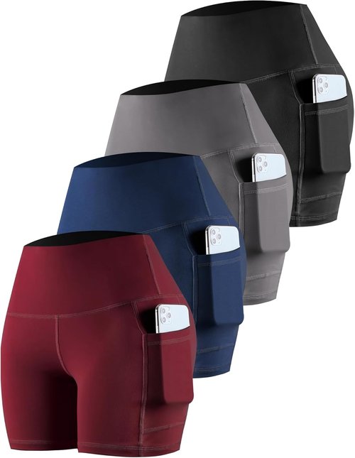 CHRLEISURE Women's Biker Yoga Shorts - High Waisted Tummy Control | 4-Pack Athletic Gym Shorts