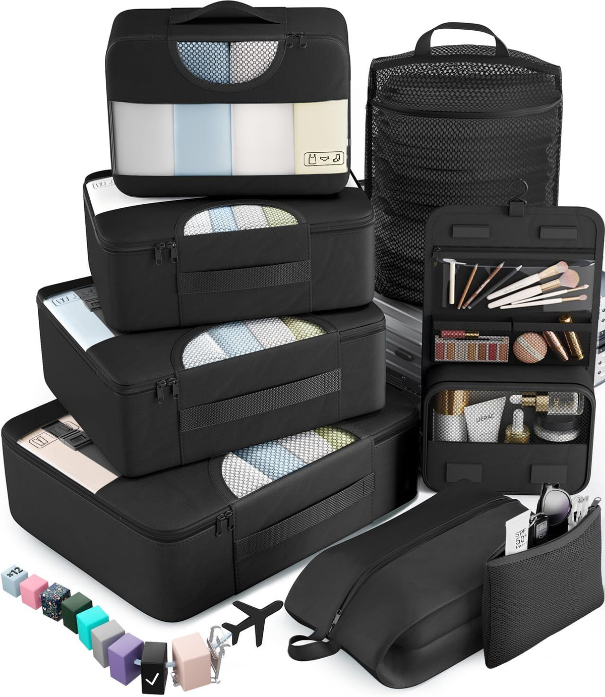 Veken Packing Cubes Set - Travel Organizer Bags with Laundry Bag & Passport Holder | 4 Sizes for Suitcase