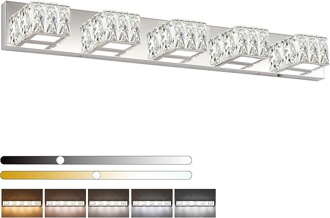 ZUZITO Modern Bathroom Vanity Light - 5 Light LED 5CCT Dimmable Vanity Lighting Fixtures - Crystal Chrome Bathroom Lights Over Mirror