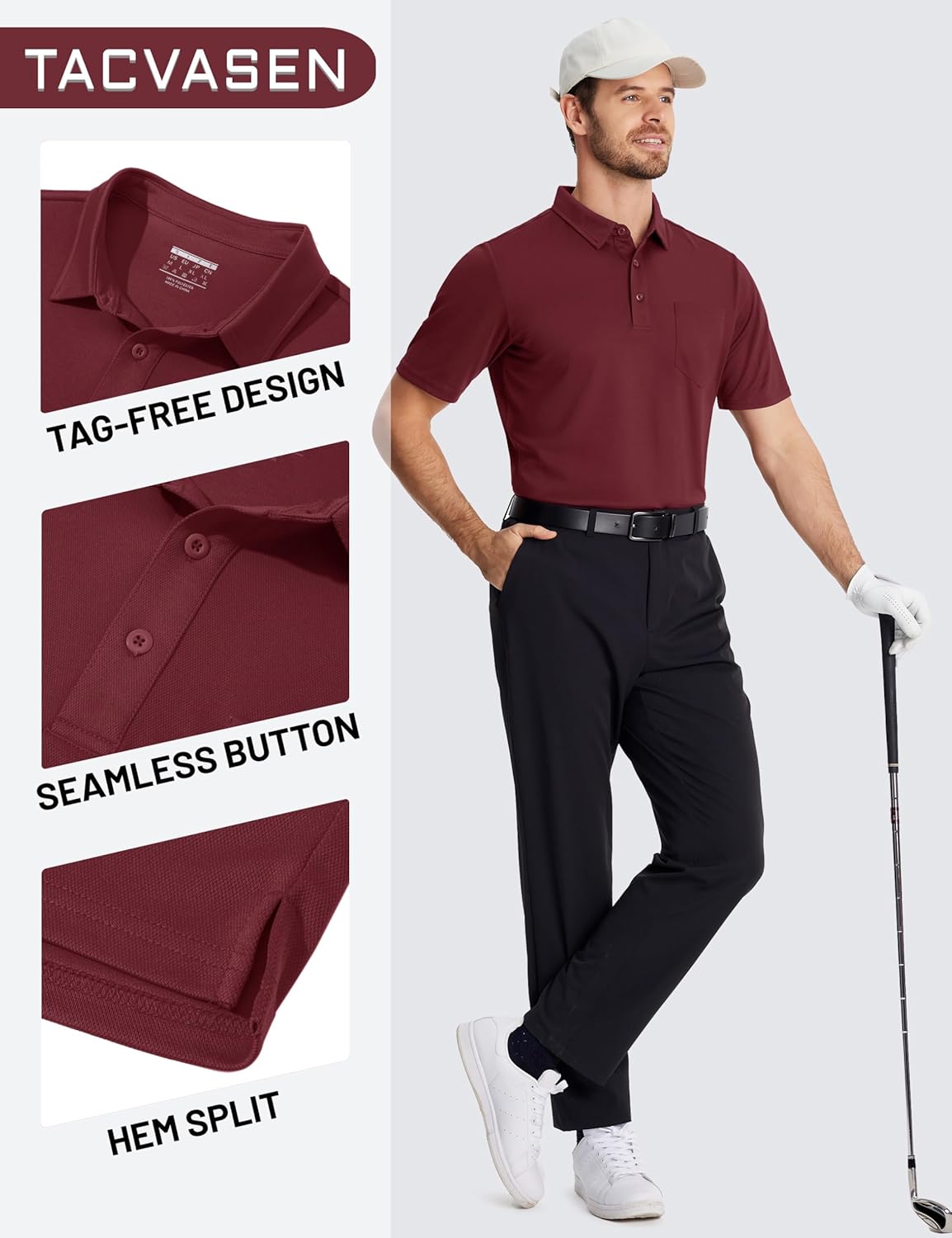 TACVASEN Men's Polo Shirt - Performance Dry Fit Golf Polo with Pocket | Casual Short Sleeve