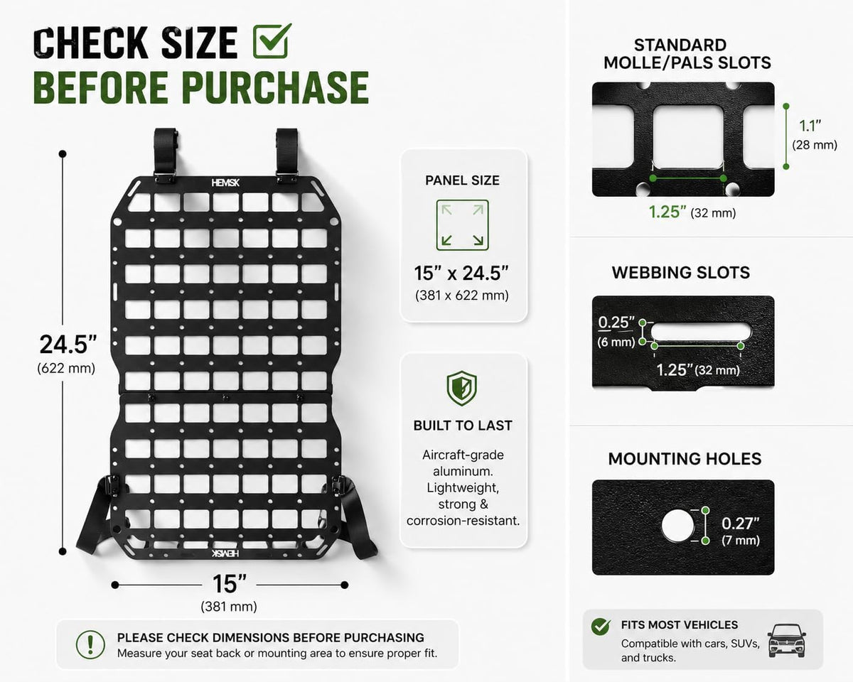 Metal MOLLE Seat Back Panel, 1 Seat Kit, 2mm Aluminum Vehicle Organizer for Most Standard Seat Backs, No-Drill Strap Mount, Compatible with Many MOLLE/PALS-Style Accessories