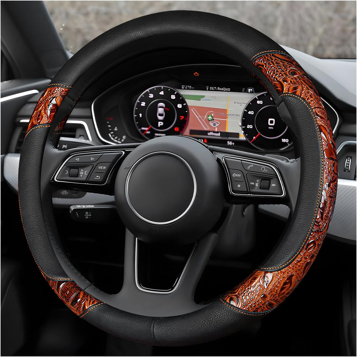 Leather Car Steering Wheel Cover, 15" Crocodile Pattern Anti Slip Car Wheel Wrap with Rose Grain, Four Seasons Universal Auto Steering Wheel Protector for Cars Trucks SUVs (Brown)