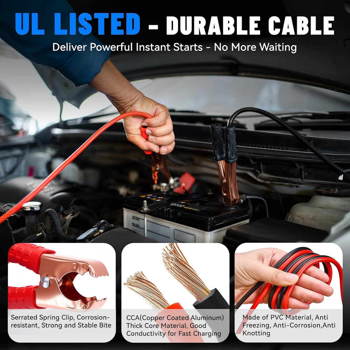 15PC Car Emergency Kit with Jumper Cables, Roadside Assistance Safety Kit for Auto & Truck, Includes Safety Hammers, Tow Strap, Warning Triangle, First Aid, Gifts for Young Men or Women, Blue