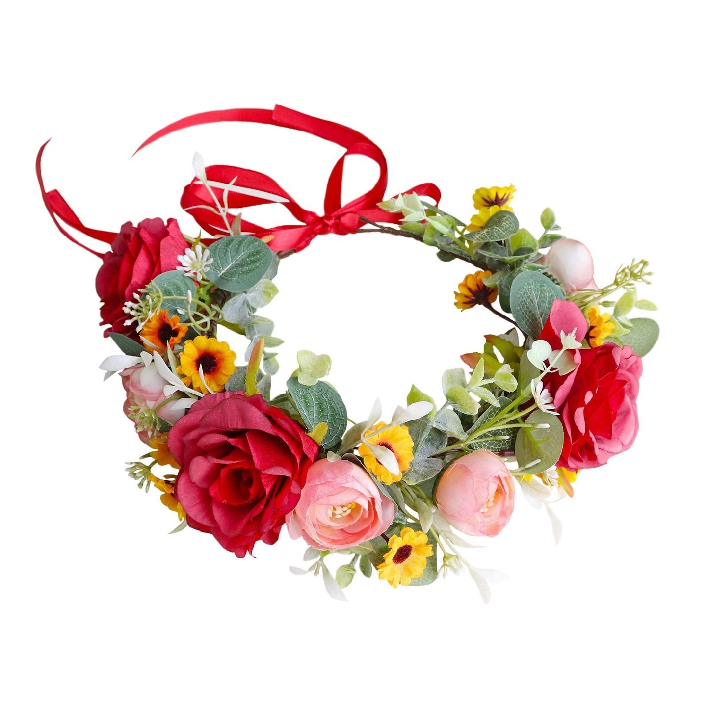 Vivivalue Women Floral Crown Flower Garland Headband Hair Wreath Floral Headpiece Halo Boho With Ribbon Wedding Party Red