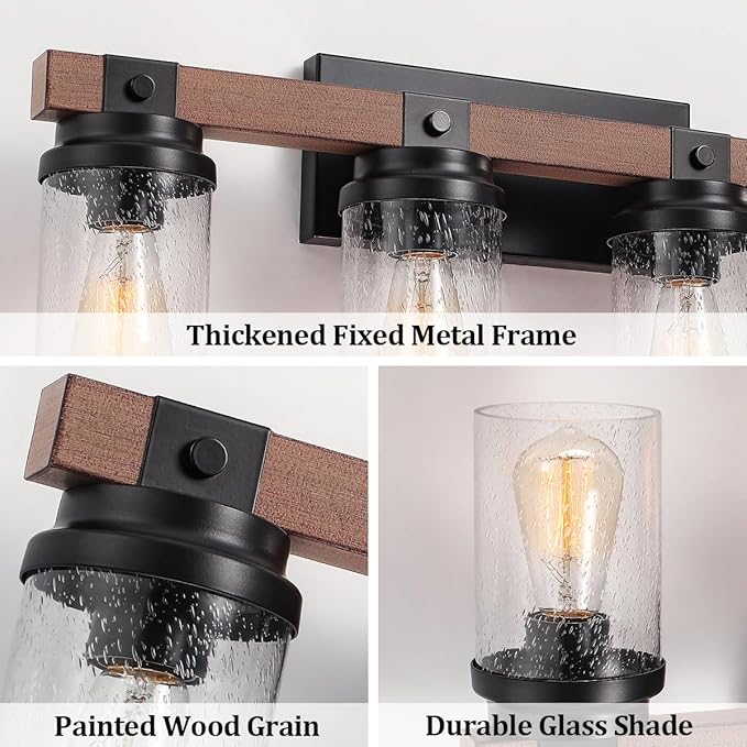 4-Lights Farmhouse Bathroom Vanity Light, Rustic Wood Bathroom Light Fixtures Over Mirror Antique Black Vanity Light with Clear Glass Shade, Farmhouse Wall Sconces Lighting