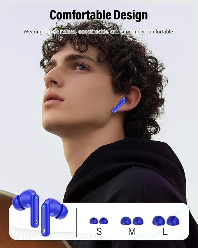 Wireless Earbuds, Bluetooth 5.4 Headphones Bass Stereo/Clear Calls, Blue | Ear Buds with Noise Cancelling Mic LED Display in Ear Earphones IP7 Waterproof 36H Bluetooth Earbuds for Phones/Sport/Laptop