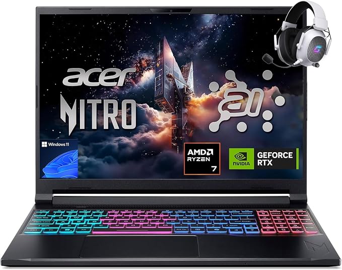 Acer Nitro V 16S AI Gaming Laptop,Ryzen 7 260, GeForce RTX 5060 8GB GDDR7 | 16" WUXGA IPS 180Hz Display, 64GB DDR5 RAM, 2TB Gen 4 SSD, Win 11 Home, Wi-Fi 6, 4 Zone-RGB Backlit KB, HHDMI,w/Headsest