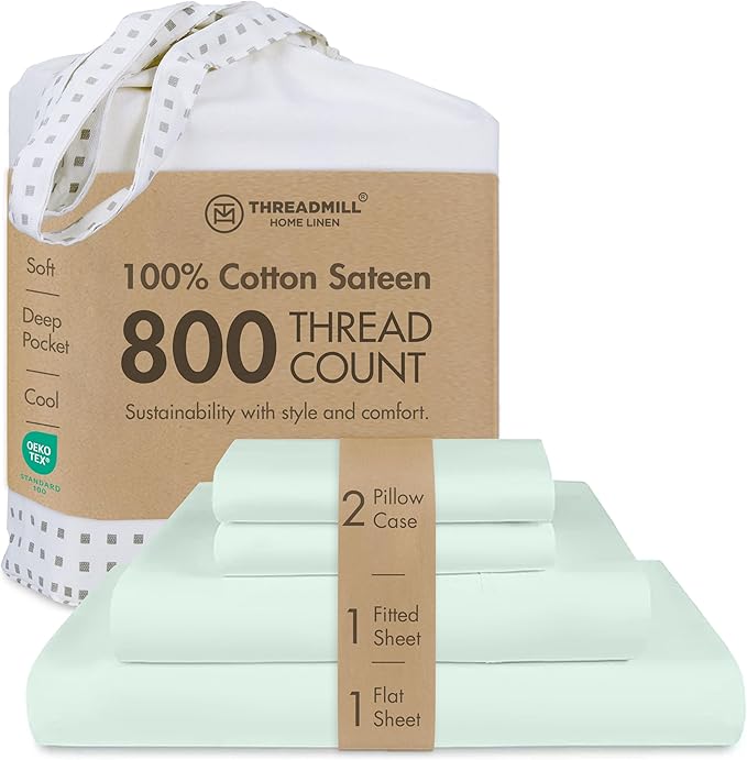 Threadmill King Size Sheets | 800 Thread Count King Bed Sheets Set for King Mattress 16” Deep Pocket | Sateen Weave, Better Than Egyptian Cotton, 4-Piece Bedding Set with Cooling Effect | Seaglass