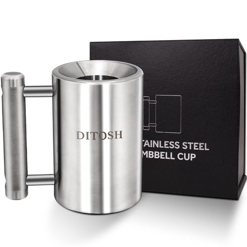 DITOSH 8kg 17.6lb Heavy Coffee Mug Challenge 304 Stainless Steel Dumbbell Cups Silver Overweight Sports Water Cup for Fitness Training Arm Strength Prank Gift Home Gym Workout Equipment 100ml 3.4oz