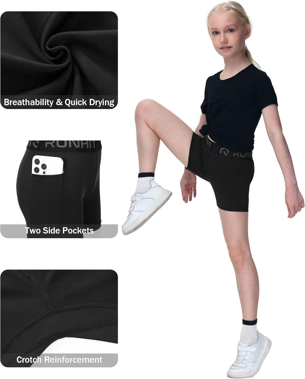 Runhit 4" Youth Girls Volleyball Shorts - Spandex Compression Biker Shorts with Pockets for Dance & Gymnastics