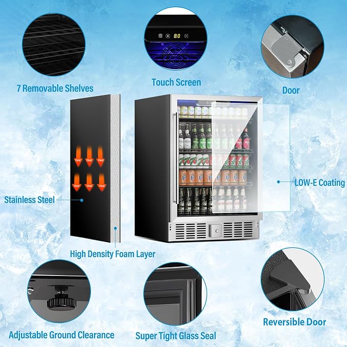 Erivess 24" Fridge 166 Can Wine and Beverage Refrigerator Cooler Glass Door | 5.3 Cu Ft Drink Fridge Large Capacity for Home/Bar with LED Display, Digital Temperature Control, Removable Shelves, Silver