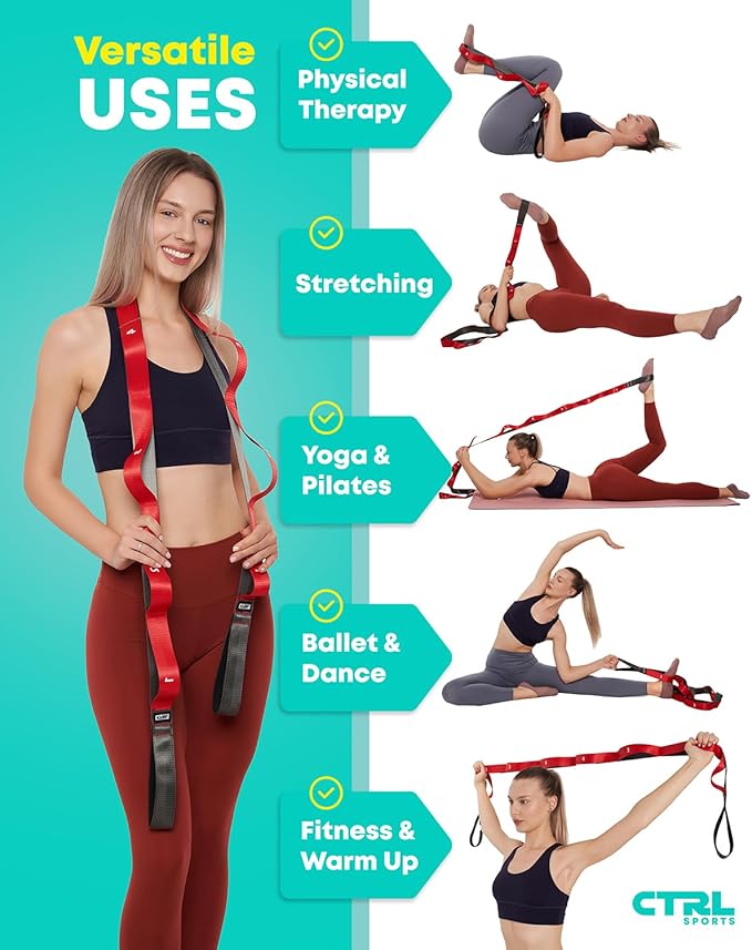 Stretching Strap with Loops - Non Elastic Stretch Band for Physical Therapy, Yoga Strap for Stretching Equipment, Stretch Bands for Exercise and Flexibility - Fascia, Hamstring & Leg Stretcher Belt