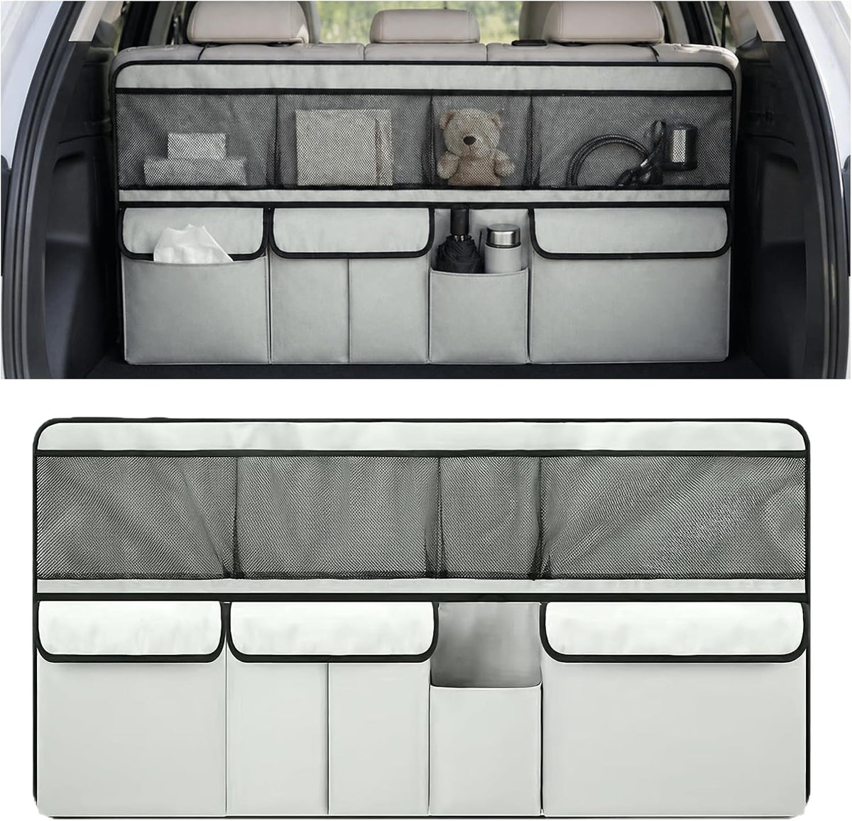 wuyaoyao Car Trunk Organizer, 9 Pockets Large Capacity Vehicle Backseat Hanging Storage Bag, Space Saving Automotive Seat Back Trunk Cargo Organizer Bag for SUV, Universal Car Accessories (Gray)