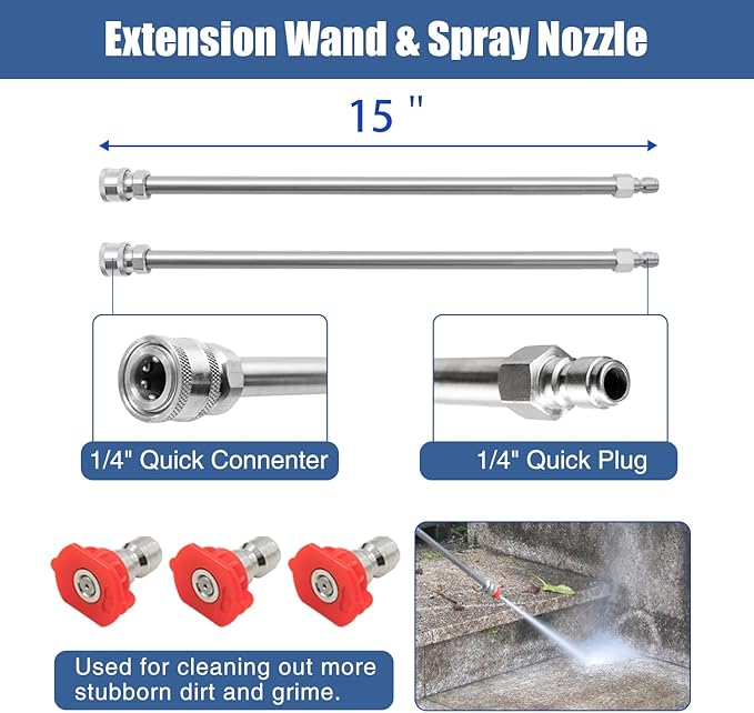 janz 14" Pressure Washer Surface Cleaner with 4 Wheels, Stainless Steel Housing, 1/4" Quick Plug, 2 Extension Wands, 2 Replacement Nozzles and 3 Spray Nozzles, 4000 PSI
