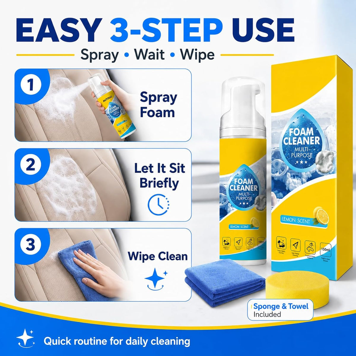 4-in-1 Multi-Enzyme Foam Cleaner 5oz, All Purpose Cleaning Spray and Multi Purpose Foam Cleaner for Kitchen Grease Care, Bathroom Tiles, Car Interior, Sofa Upholstery, Carpet (3PCS)