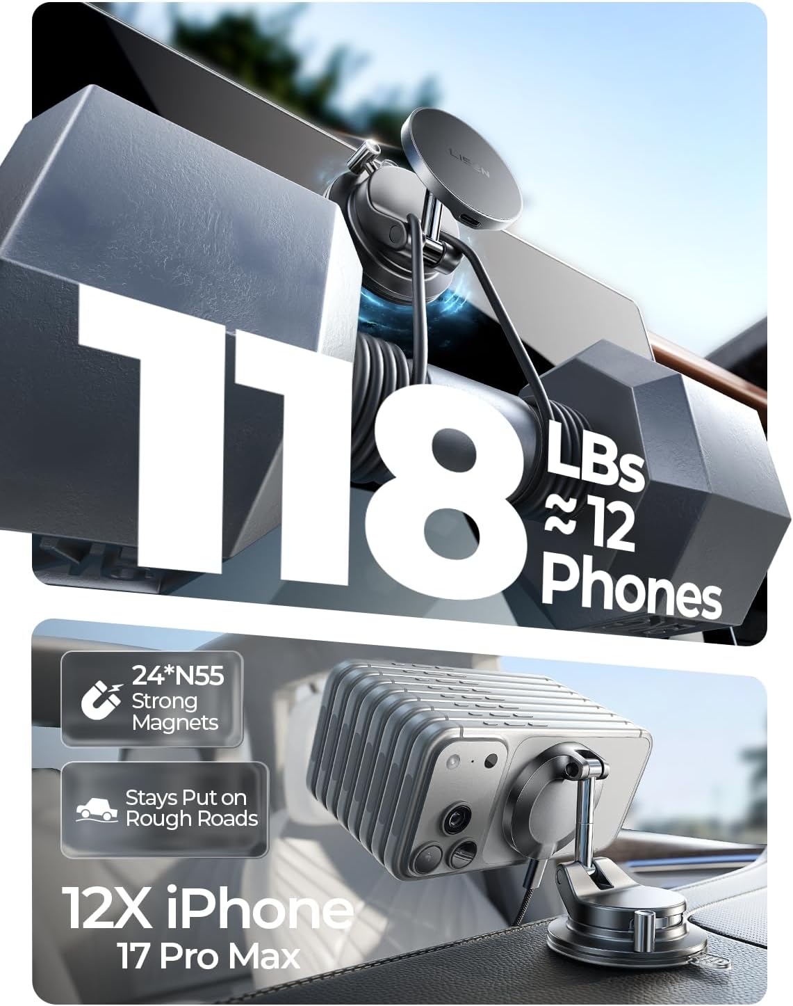 LISEN 15W Magsafe Car Mount Charger for iPhone 18 Pro Max, Magnetic Wireless Car Charger, Suction Phone Mount, Vacuum Magnetic Phone Holder for Carfor iPhone 18 Pro Max 17 16 15 14 13 12 Samsung Pixel
