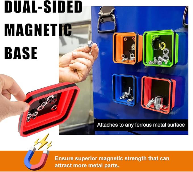 2 PCS Collapsible Magnetic Parts Tray, 4.5 Inch Foldable Magnetic Square Silicone Tray, Tool Tray Set with Double-Sided Magnetic Base for Screw Bolts Nuts Pins, Car Accessories (Red+Blue)