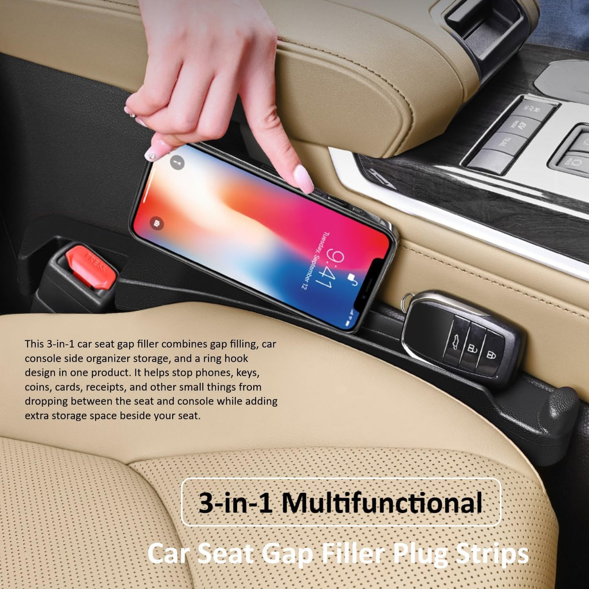Car Seat Gap Filler Set of 2, Soft Multifunctional Seat Side Gap Filler Plug Strip with Organizer & Hook Function, 3in1 Gap Stopper Universal Fit Car SUV Truck Fill The Gap Between Seat & Console