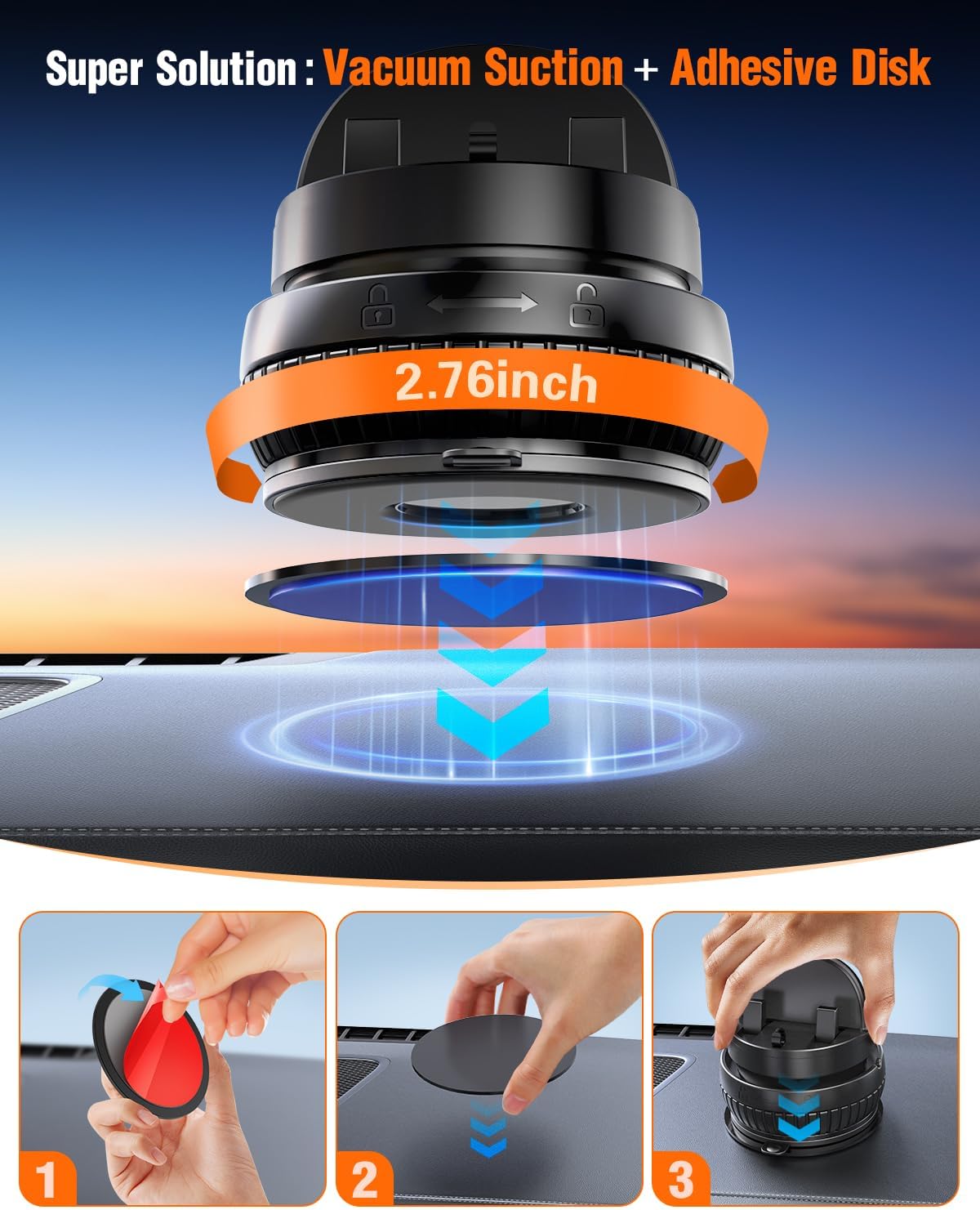 pop-tech Car Suction Dashboard Phone Holder:【360° Rotating & 30° Adjustable】 Vacuum Suction Cup Cell Phone Mount with Anti-Slip Spring Snap, Vehicle Dash Mobile Stand for iPhone Samsung, GPS Device