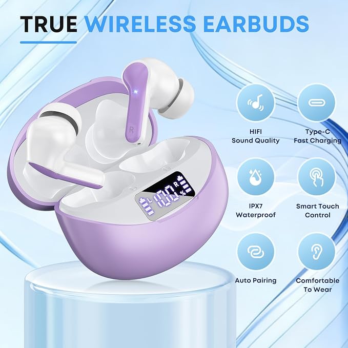 Wireless Earbuds, Bluetooth 5.3 Headphones HiFi Stereo 50H Playback LED Digital Display Ear Buds with ENC Noise Canceling Headset, IPX7 Waterproof Earphones for Gym/Running/Work(Light Purple)