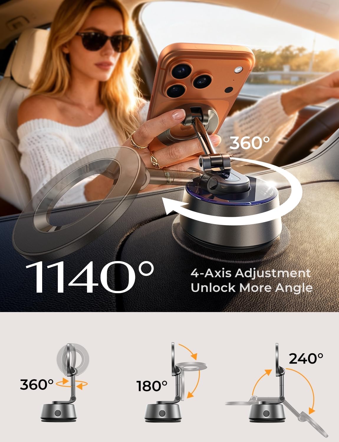 LISEN Suction Phone Mount for Car【Leaves No Residue】, 360 Adjustable Magnetic Phone Holder for Car Dashboard Universal Magsafe Accessories for iPhone 17 Pro Max Air 16 15 14 13 12